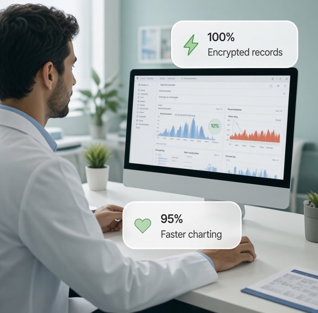 Physician reviewing an encrypted patient dashboard on his clinic workstation