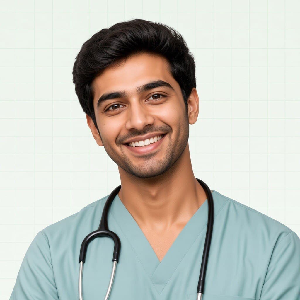 Smiling healthcare professional in scrubs with a stethoscope