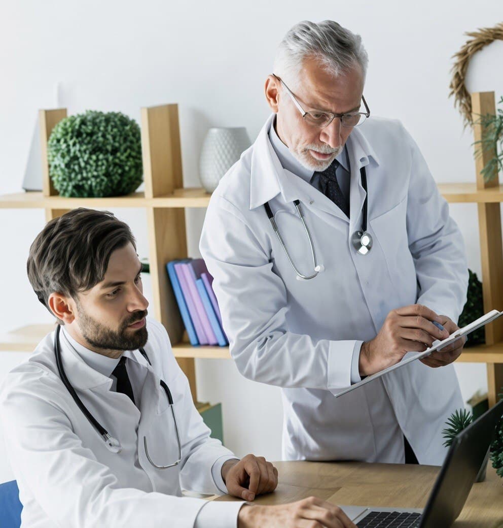 Two clinicians collaborating: a senior physician reviewing notes with a colleague at a laptop